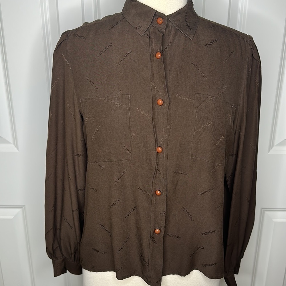 Vintage Valentino Silk Logo Embossed Bubble Sleeve Blouse Sz10